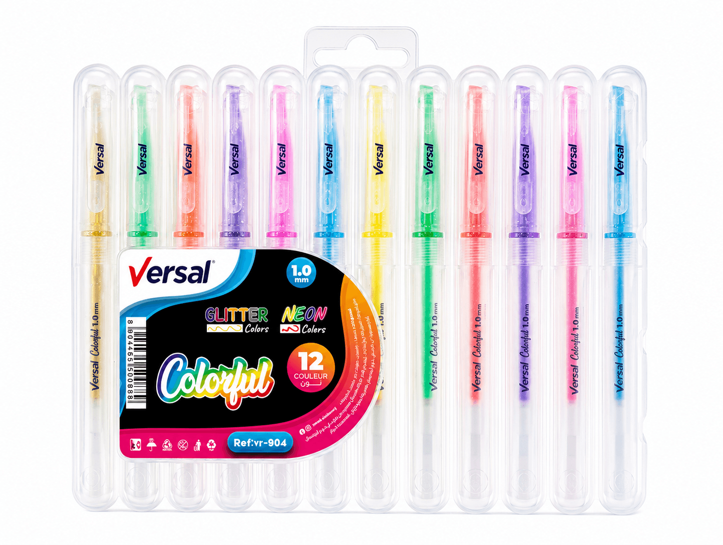 Set de Stylos Gel Pailletés et Néon « Colorful » de Versal – 12 Couleurs VR-904